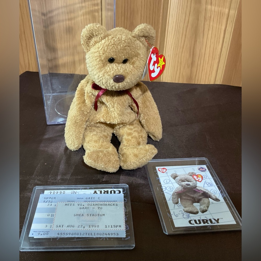 CURLY TY beanie baby. With 2 Mets tickets from 1998
